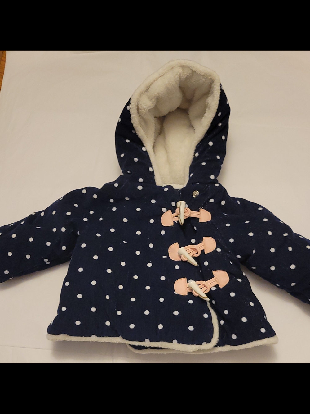 Navy Polka Dot Hooded Toggle Coat with Cream Sherpa Lining